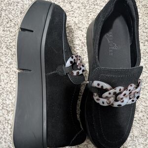 Naked Feet Black Suede Loafers with Patterned Chain